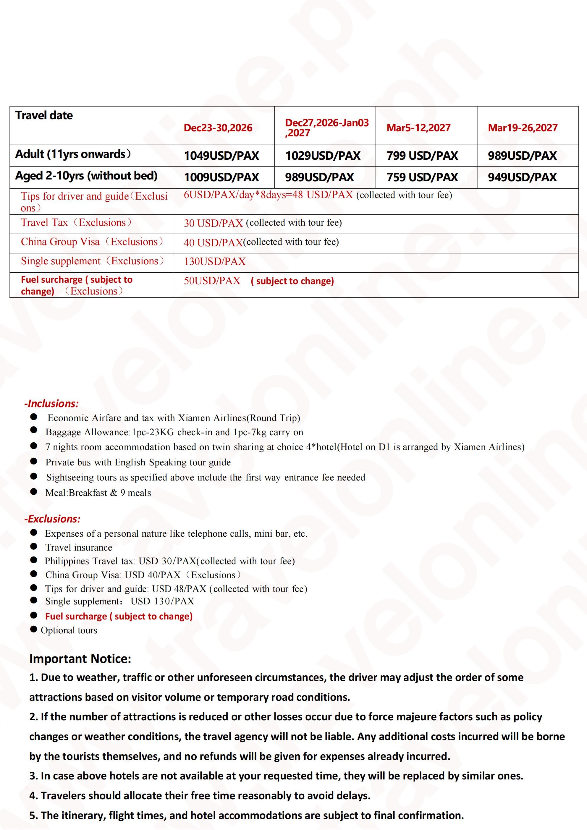 YUNNAN CHINA 8 DAYS 7 NIGHTS ALL IN JOINER GROUP TOUR PACKAGE FROM MANILA PHILIPPINES - AS LOW AS: $799/PAX - TRAVELONLINE itinerary