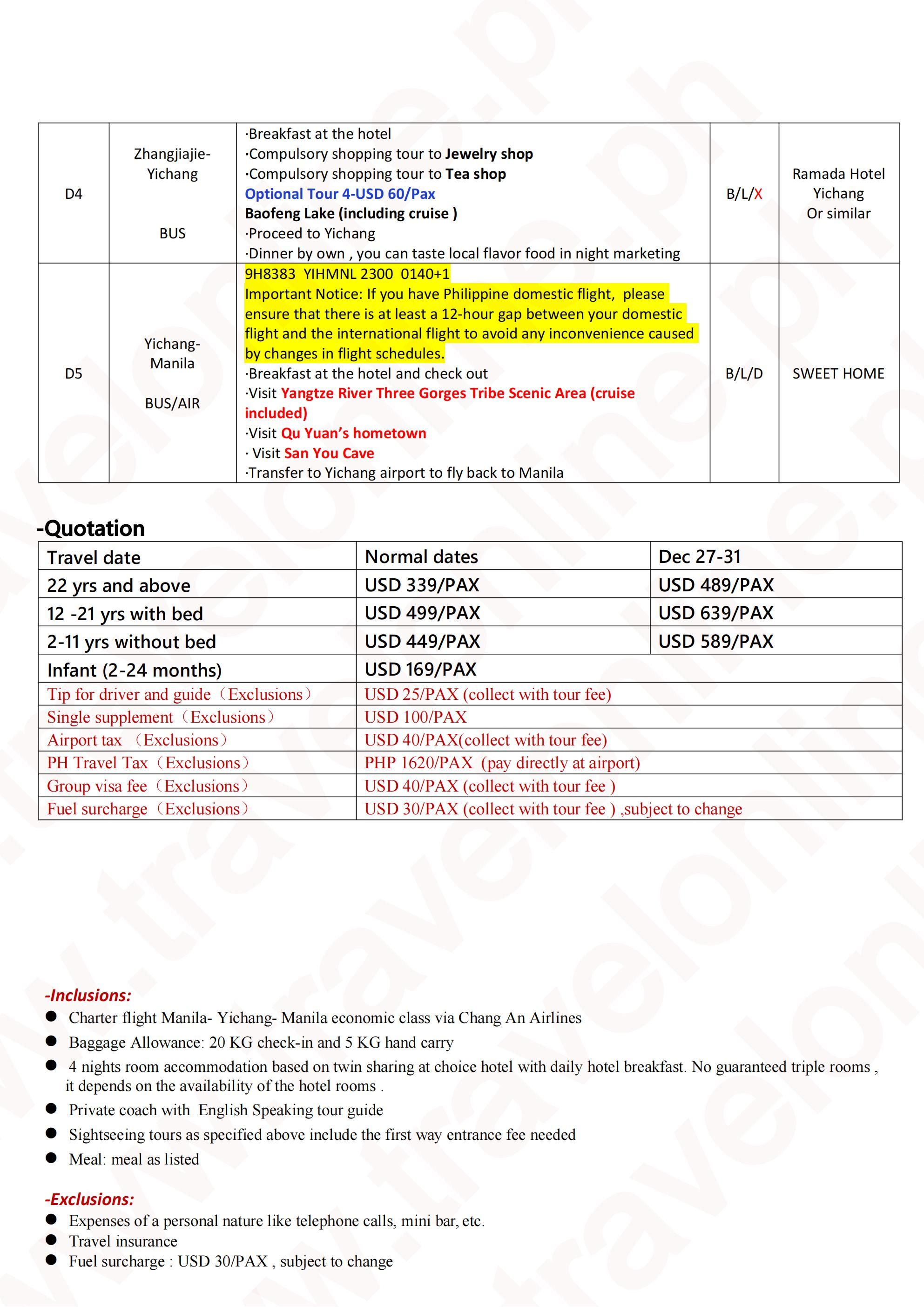 CHINA AVATAR FURONG YANGTZE RIVER 5 DAYS 4 NIGHTS ALL IN JOINER GROUP TOUR PACKAGE FROM MANILA PHILIPPINES - AS LOW AS: $339/PAX - TRAVELONLINE itinerary