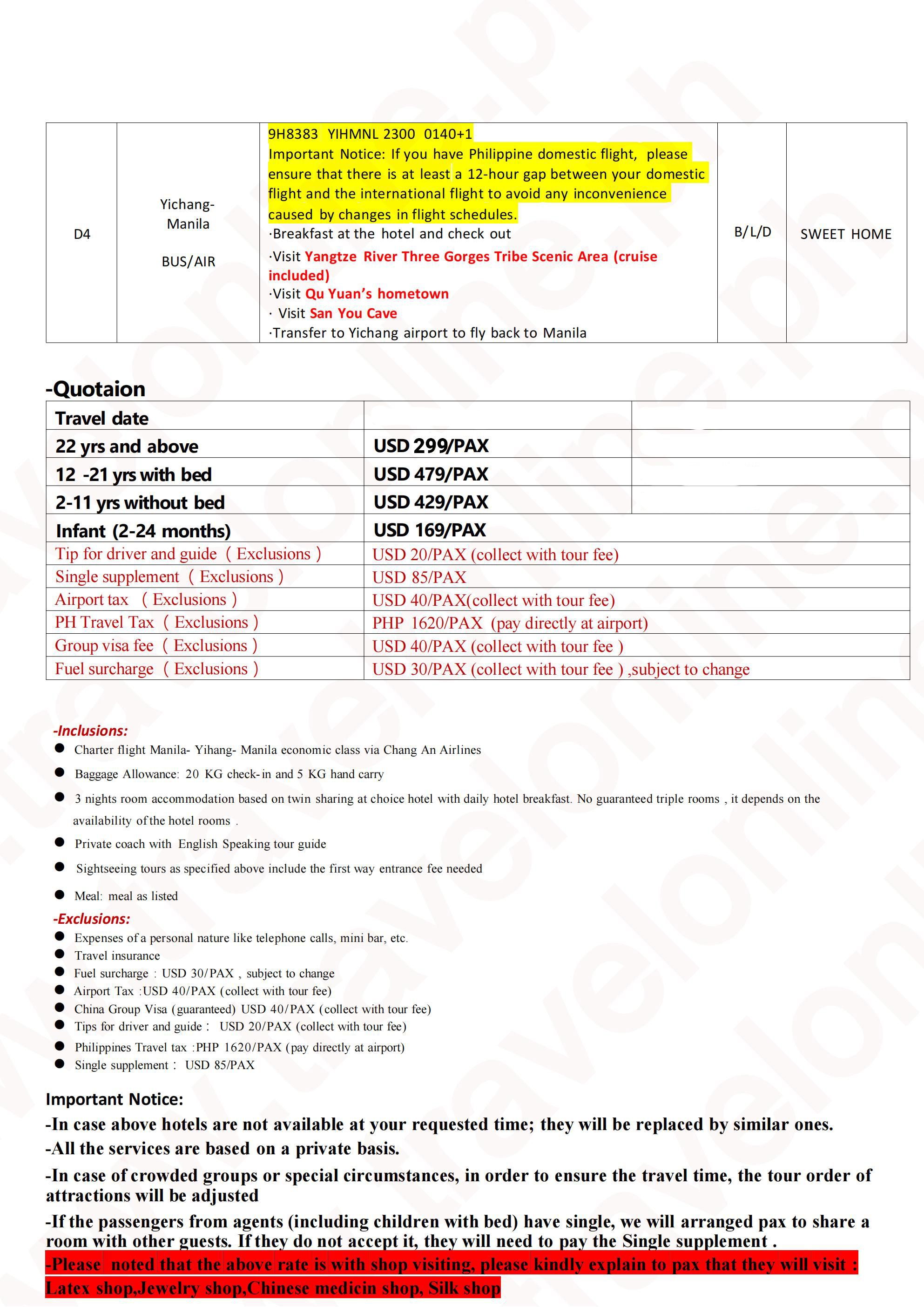 CHINA ZHANGJIAJIE YANGTZE RIVER 4 DAYS 3 NIGHTS ALL IN JOINER GROUP TOUR PACKAGE FROM MANILA PHILIPPINES - AS LOW AS: $299/PAX - TRAVELONLINE itinerary