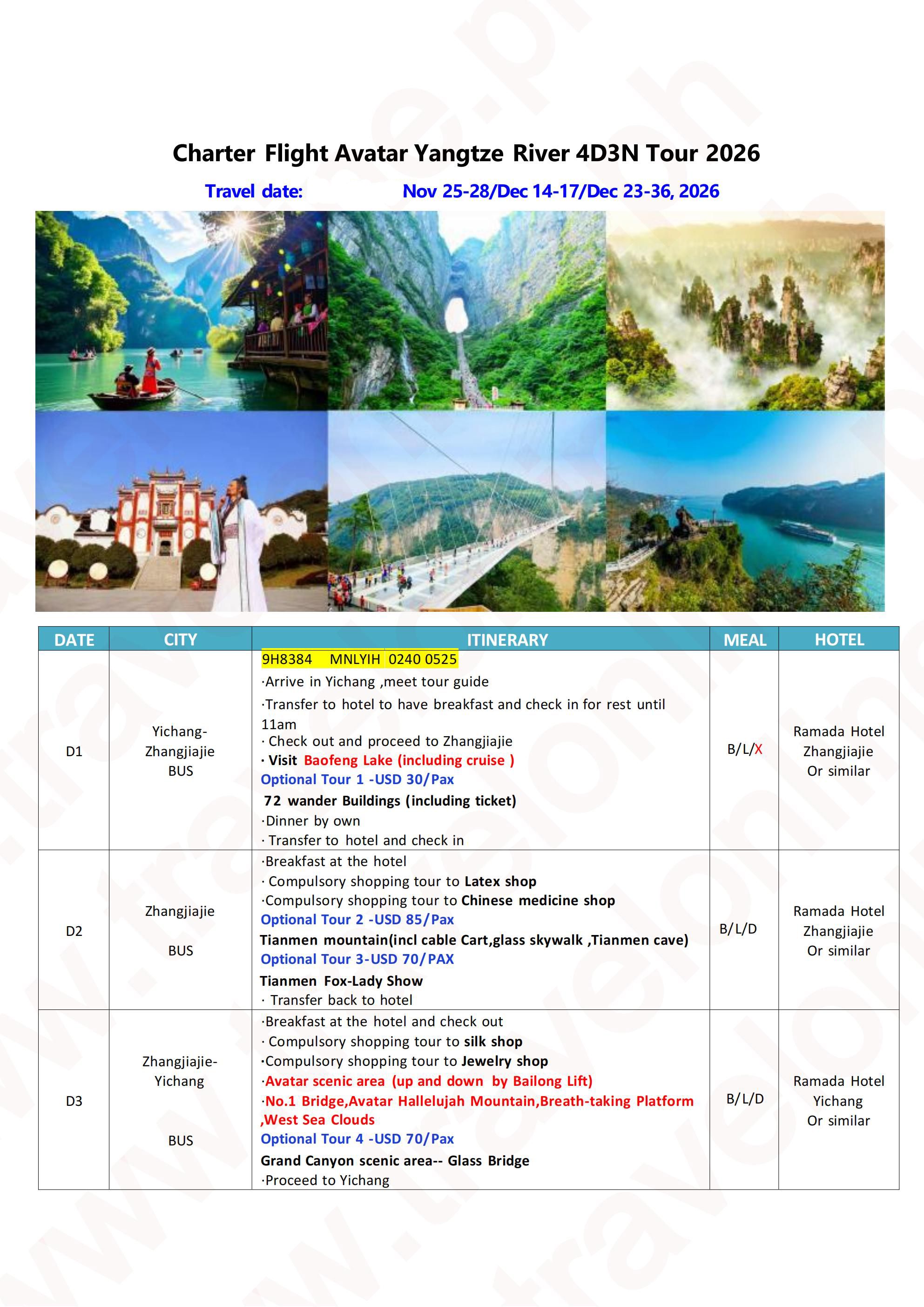CHINA ZHANGJIAJIE YANGTZE RIVER 4 DAYS 3 NIGHTS ALL IN JOINER GROUP TOUR PACKAGE FROM MANILA PHILIPPINES - AS LOW AS: $299/PAX - TRAVELONLINE itinerary