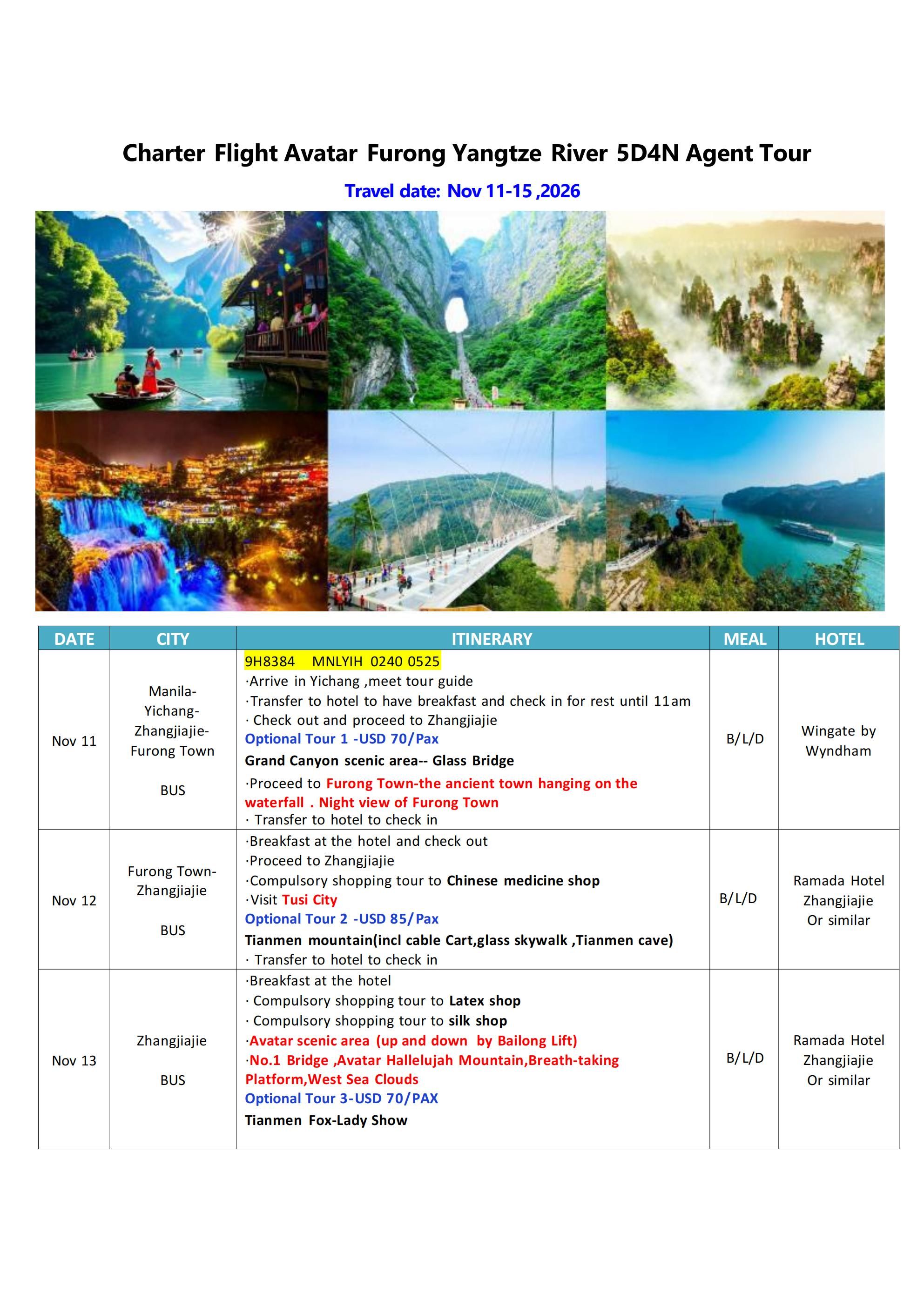CHINA AVATAR YANGTZE RIVER 5 DAYS 4 NIGHTS ALL IN JOINER GROUP TOUR PACKAGE FROM MANILA PHILIPPINES - AS LOW AS: $249/PAX - TRAVELONLINE itinerary