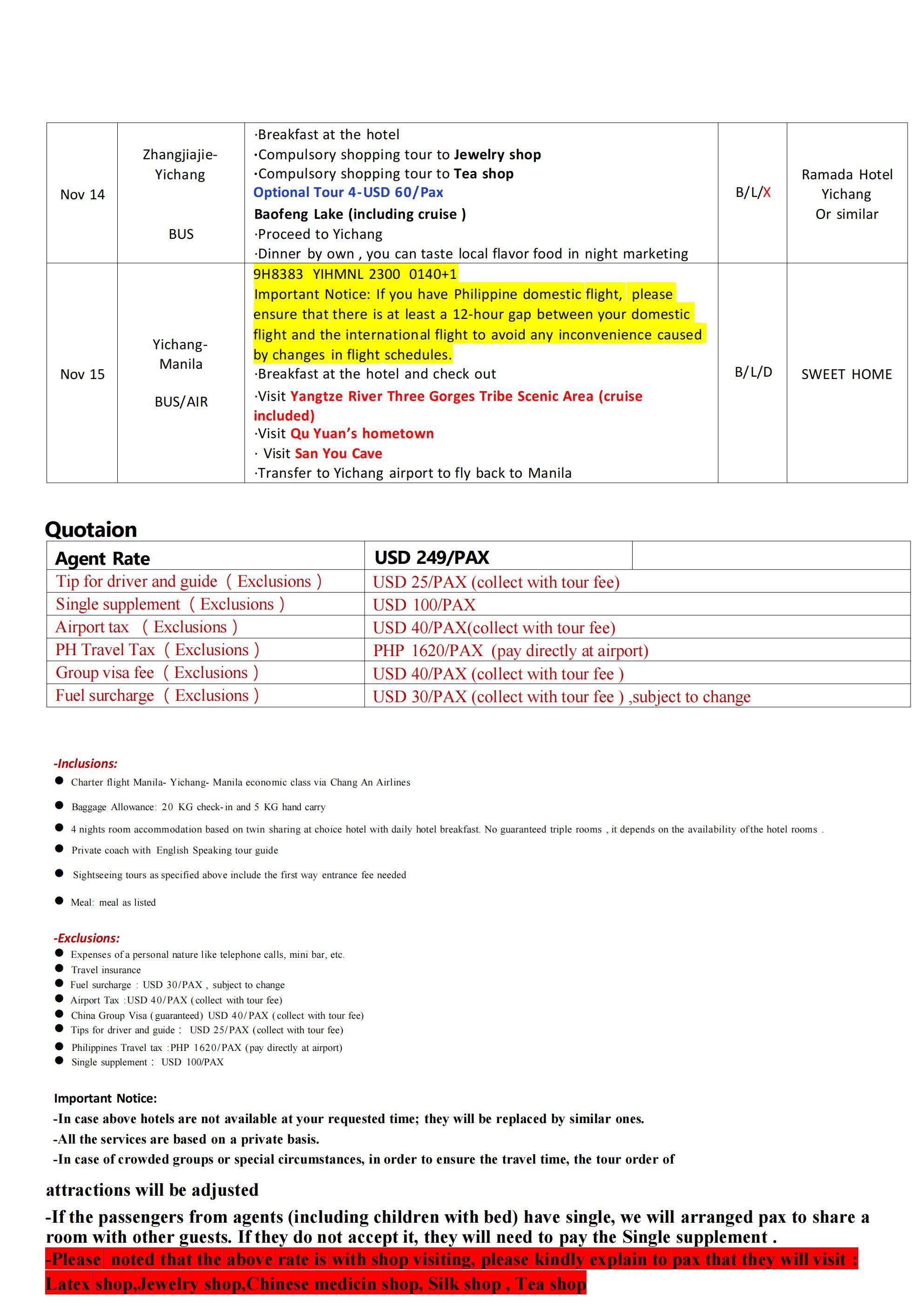 CHINA AVATAR YANGTZE RIVER 5 DAYS 4 NIGHTS ALL IN JOINER GROUP TOUR PACKAGE FROM MANILA PHILIPPINES - AS LOW AS: $249/PAX - TRAVELONLINE itinerary