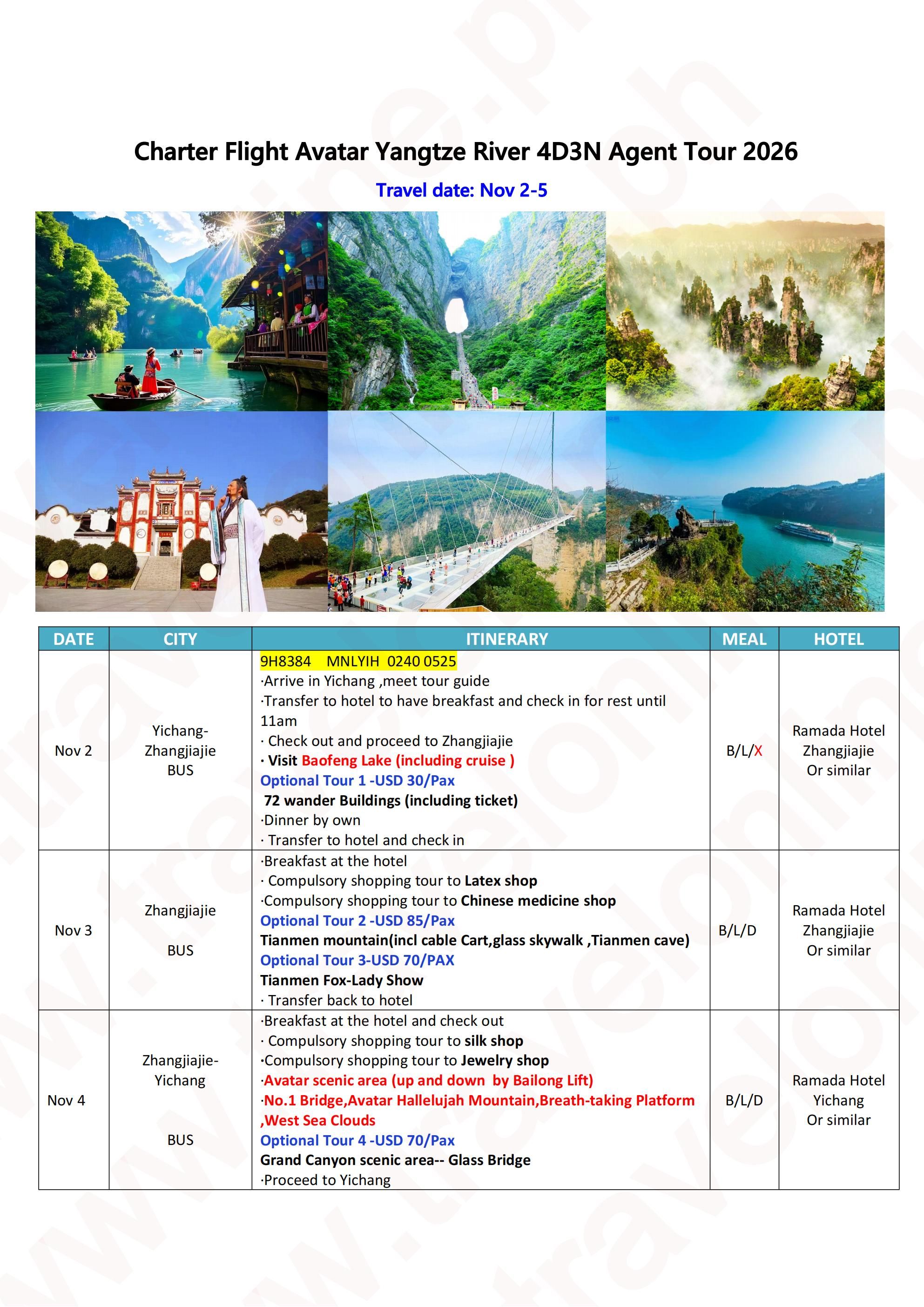 Charter Flight Avatar Yangtze River 4D3N Agent Tour 2026 $209/PAX itinerary