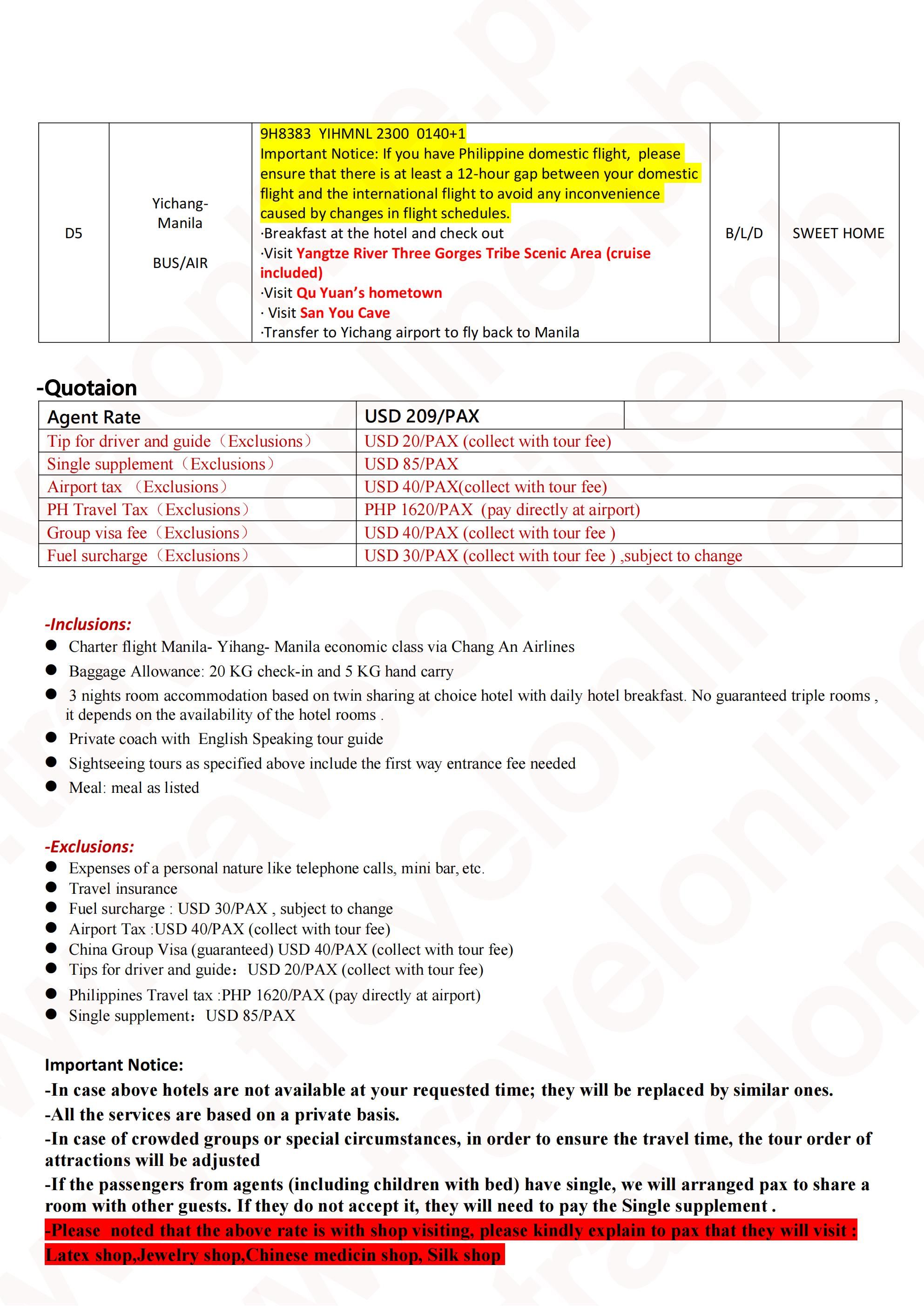 Charter Flight Avatar Yangtze River 4D3N Agent Tour 2026 $209/PAX itinerary