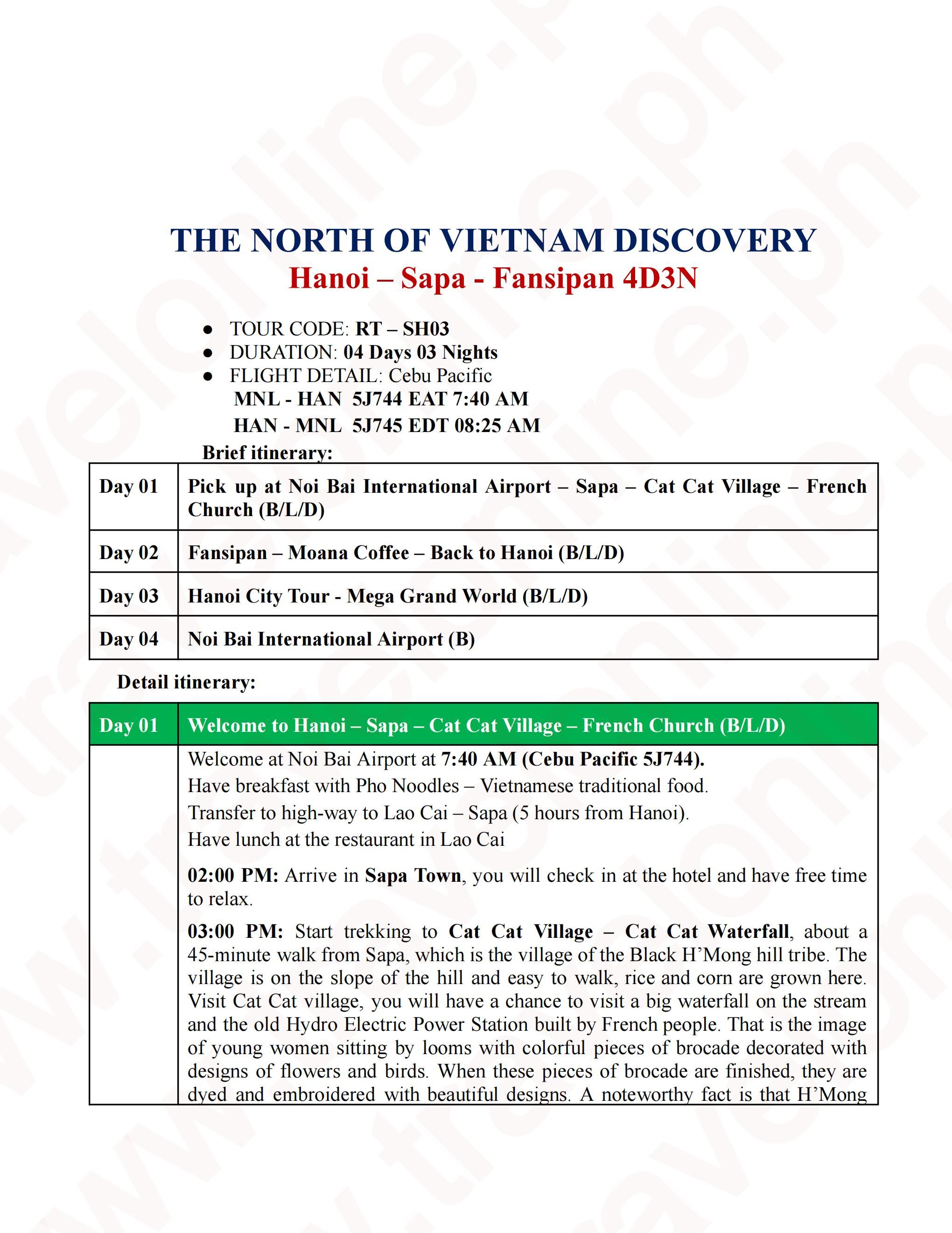 VIETNAM HANOI SAPA 4 DAYS 3 NIGHTS ALL IN JOINER GROUP TOUR PACKAGE FROM MANILA PHILIPPINES - AS LOW AS: ₱32999/PAX - TRAVELONLINE itinerary