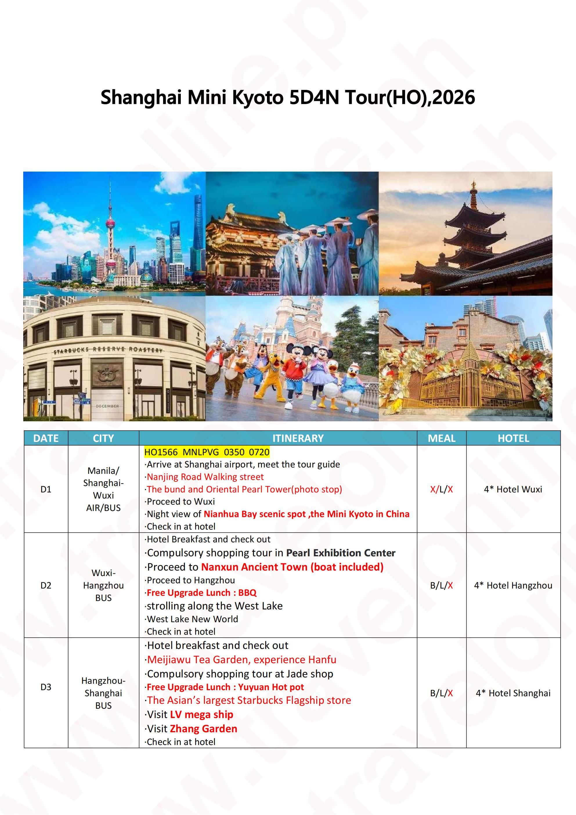 CHINA SHANGHAI MINI KYOTO 5 DAYS 4 NIGHTS ALL IN JOINER GROUP TOUR PACKAGE FROM MANILA PHILIPPINES - AS LOW AS: $449/PAX - TRAVELONLINE itinerary