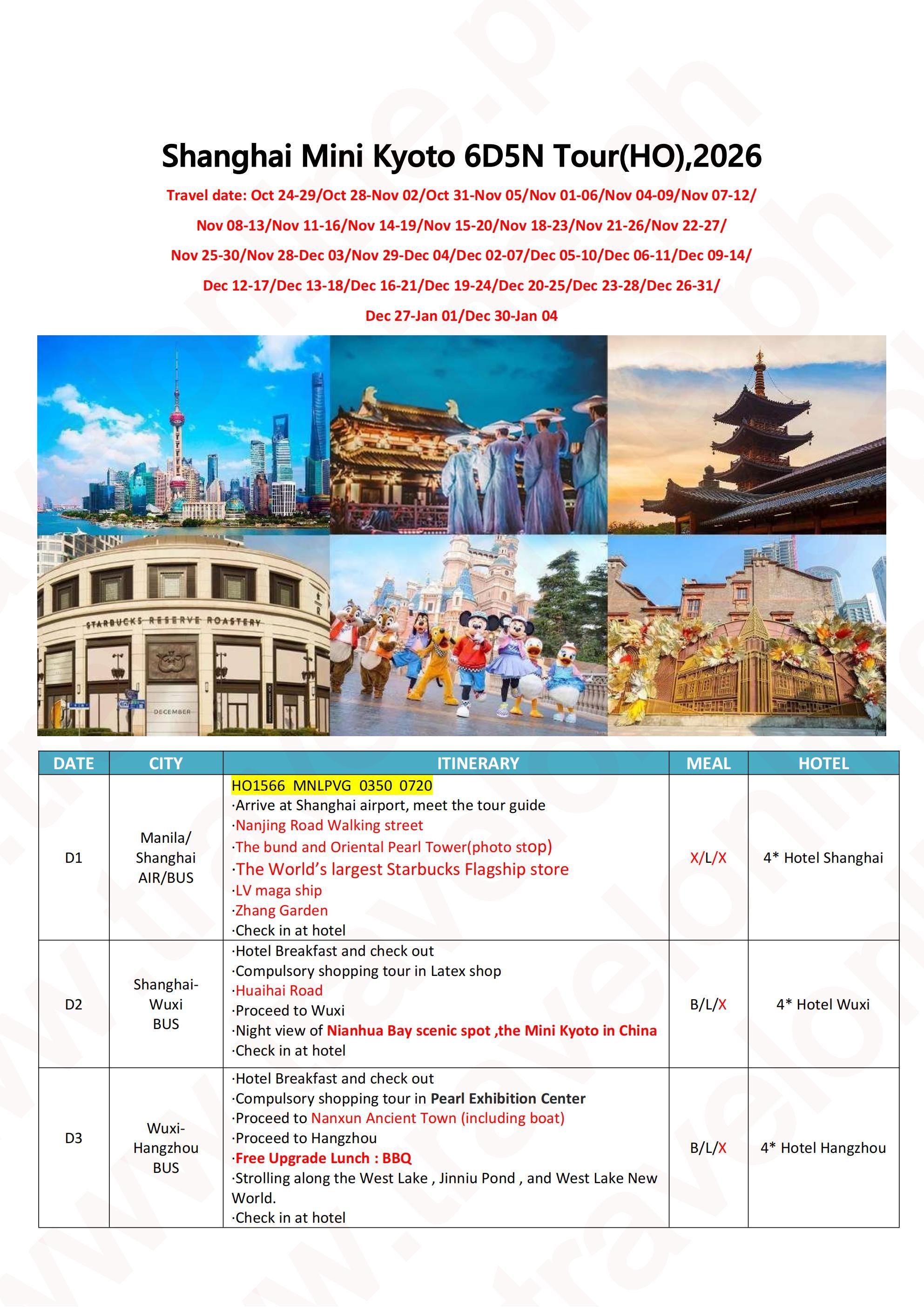 CHINA SHANGHAI MINI KYOTO 6 DAYS 5 NIGHTS ALL IN JOINER GROUP TOUR PACKAGE FROM MANILA PHILIPPINES - AS LOW AS: $409/PAX - TRAVELONLINE itinerary