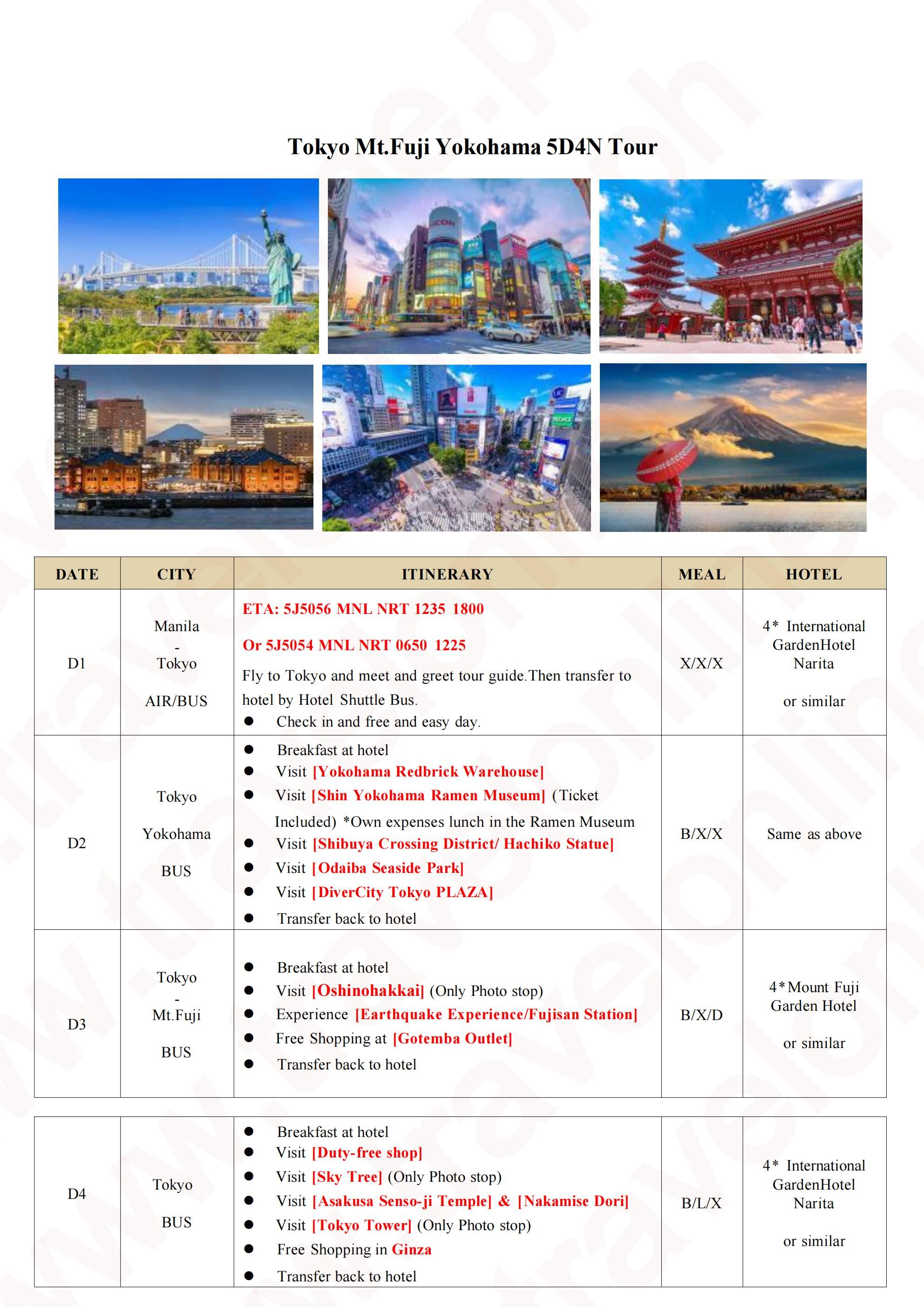 TOKYO MT. FUJI YOKOHAMA JAPAN 5 DAYS 4 NIGHTS ALL IN JOINER GROUP TOUR PACKAGE FROM MANILA PHILIPPINES - AS LOW AS: $1049/PAX - TRAVELONLINE itinerary