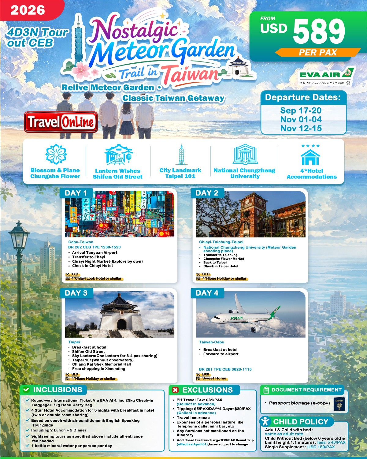 TAIWAN 4 DAYS 3 NIGHTS ALL IN JOINER GROUP TOUR PACKAGE FROM CEBU PHILIPPINES - AS LOW AS: $589/PAX - TRAVELONLINE promo image