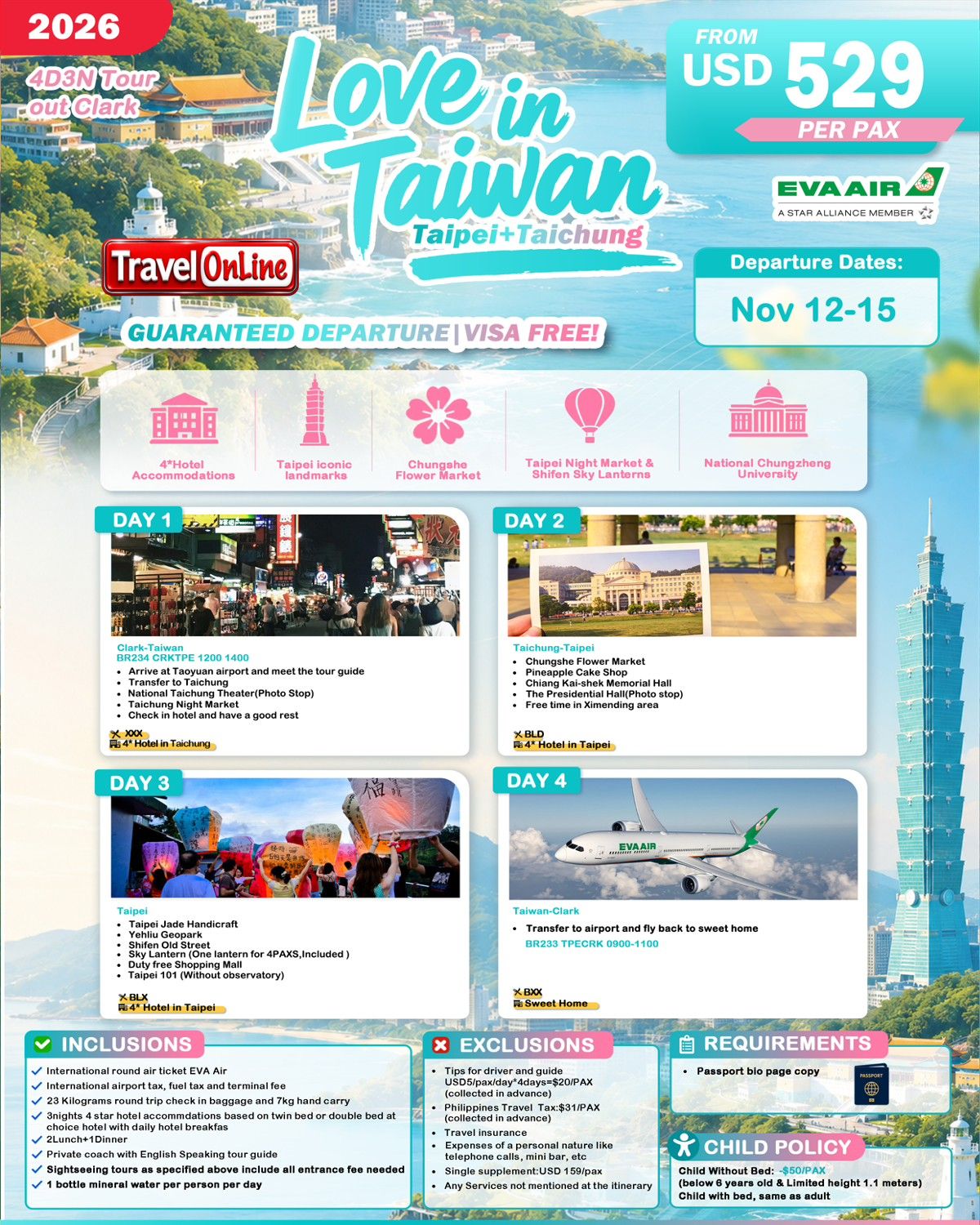 TAIWAN 4 DAYS 3 NIGHTS ALL IN JOINER GROUP TOUR PACKAGE FROM CLARK PHILIPPINES - AS LOW AS: $529/PAX - TRAVELONLINE promo image