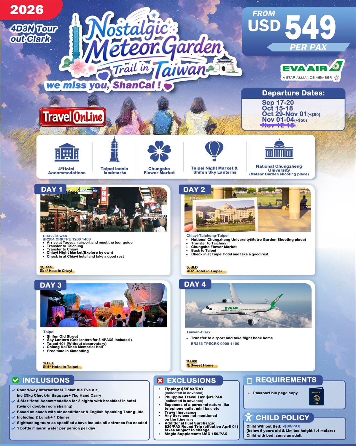 TAIWAN 4 DAYS 3 NIGHTS ALL IN JOINER GROUP TOUR PACKAGE FROM CLARK PHILIPPINES - AS LOW AS: $549/PAX - TRAVELONLINE promo image