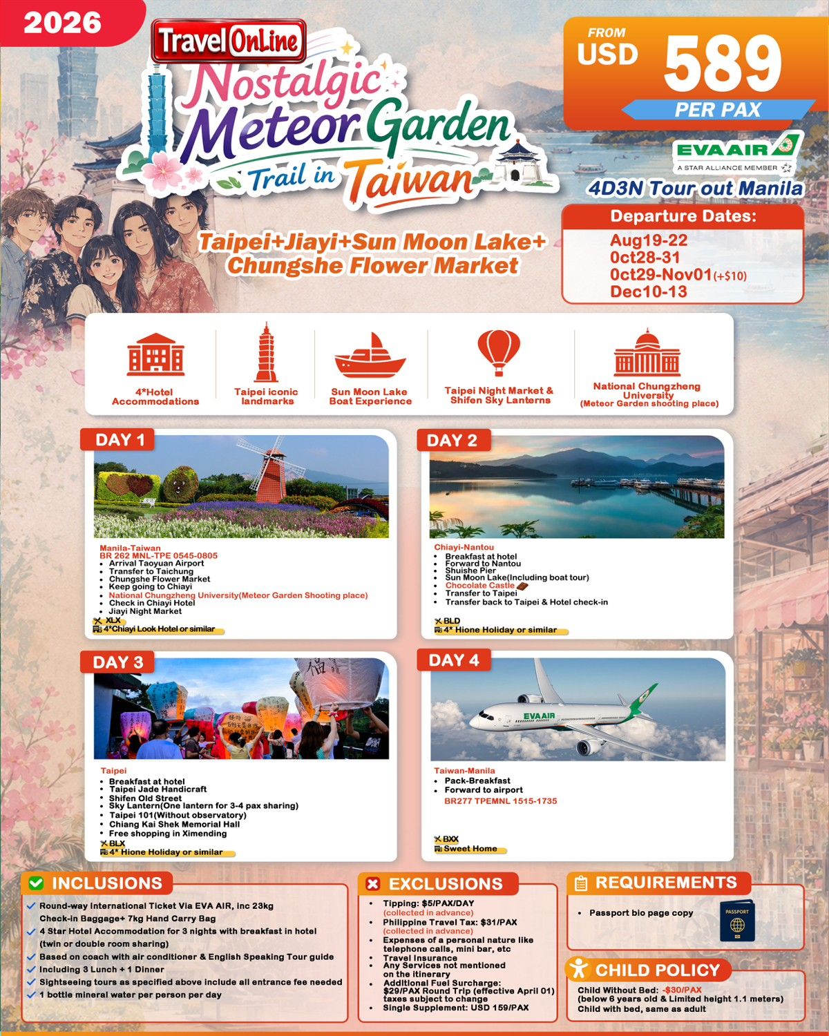 TAIWAN 4 DAYS 3 NIGHTS ALL IN JOINER GROUP TOUR PACKAGE FROM MANILA PHILIPPINES - AS LOW AS: $589/PAX - TRAVELONLINE promo image