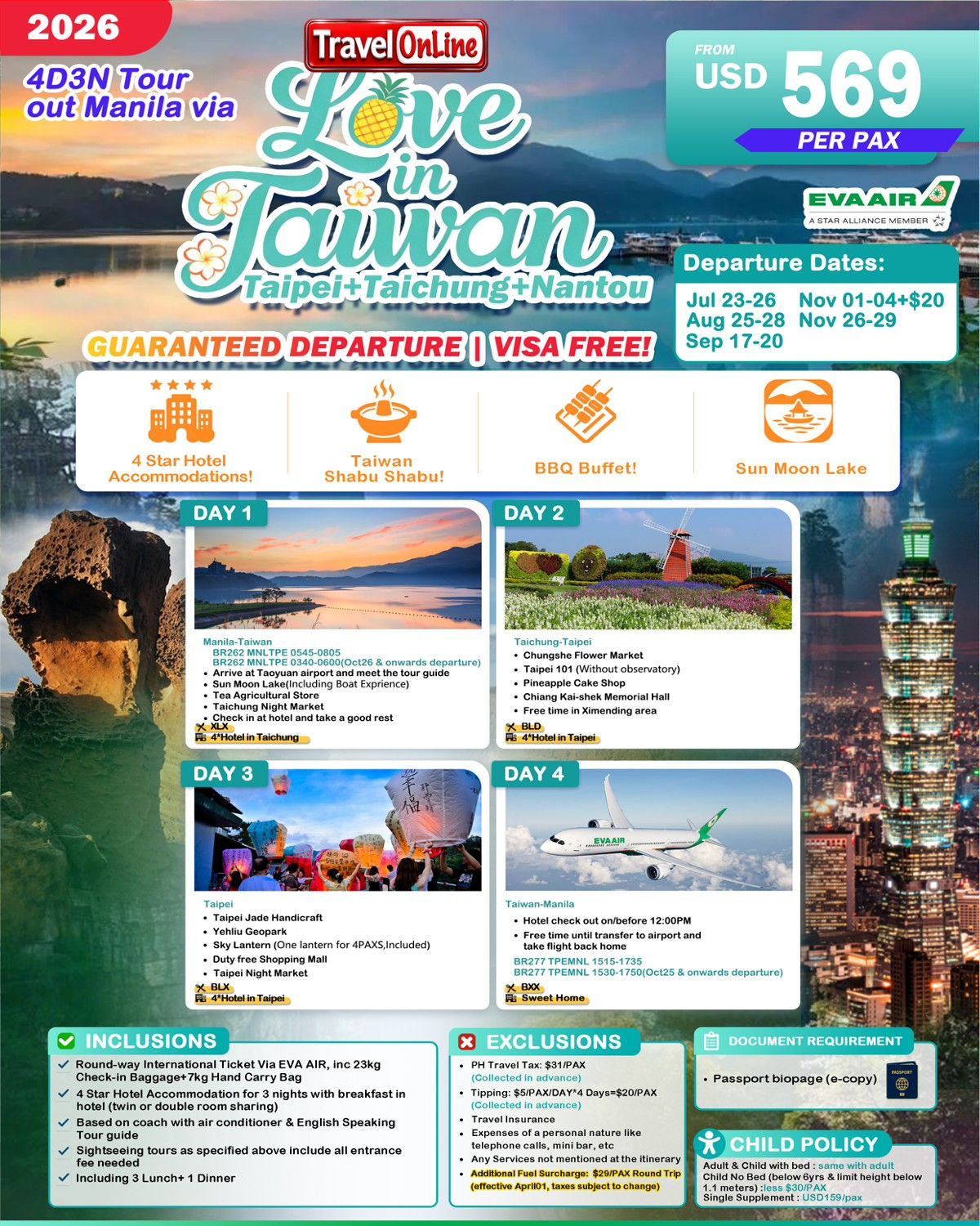 TAIWAN 4 DAYS 3 NIGHTS ALL IN JOINER GROUP TOUR PACKAGE FROM MANILA PHILIPPINES - AS LOW AS: $569/PAX - TRAVELONLINE promo image
