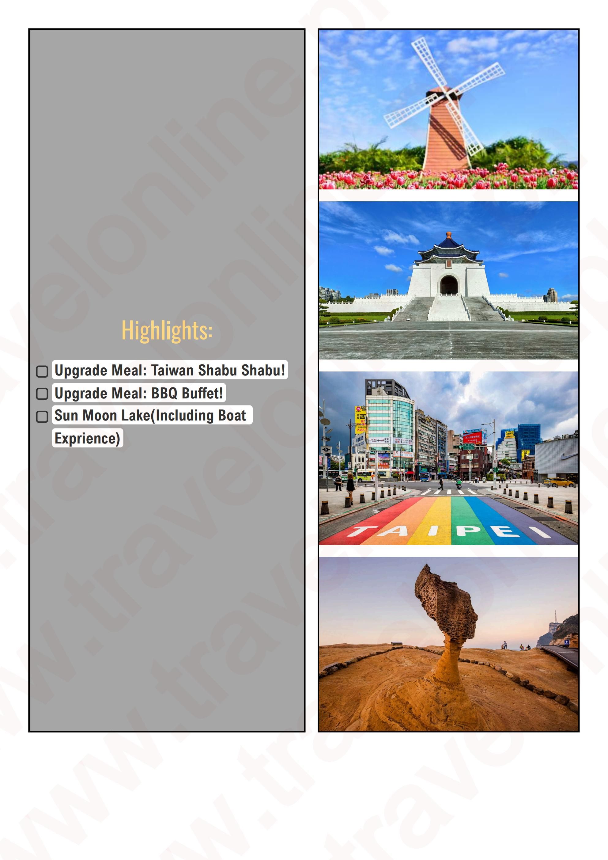 TAIWAN 4 DAYS 3 NIGHTS ALL IN JOINER GROUP TOUR PACKAGE FROM MANILA PHILIPPINES - AS LOW AS: $569/PAX - TRAVELONLINE itinerary