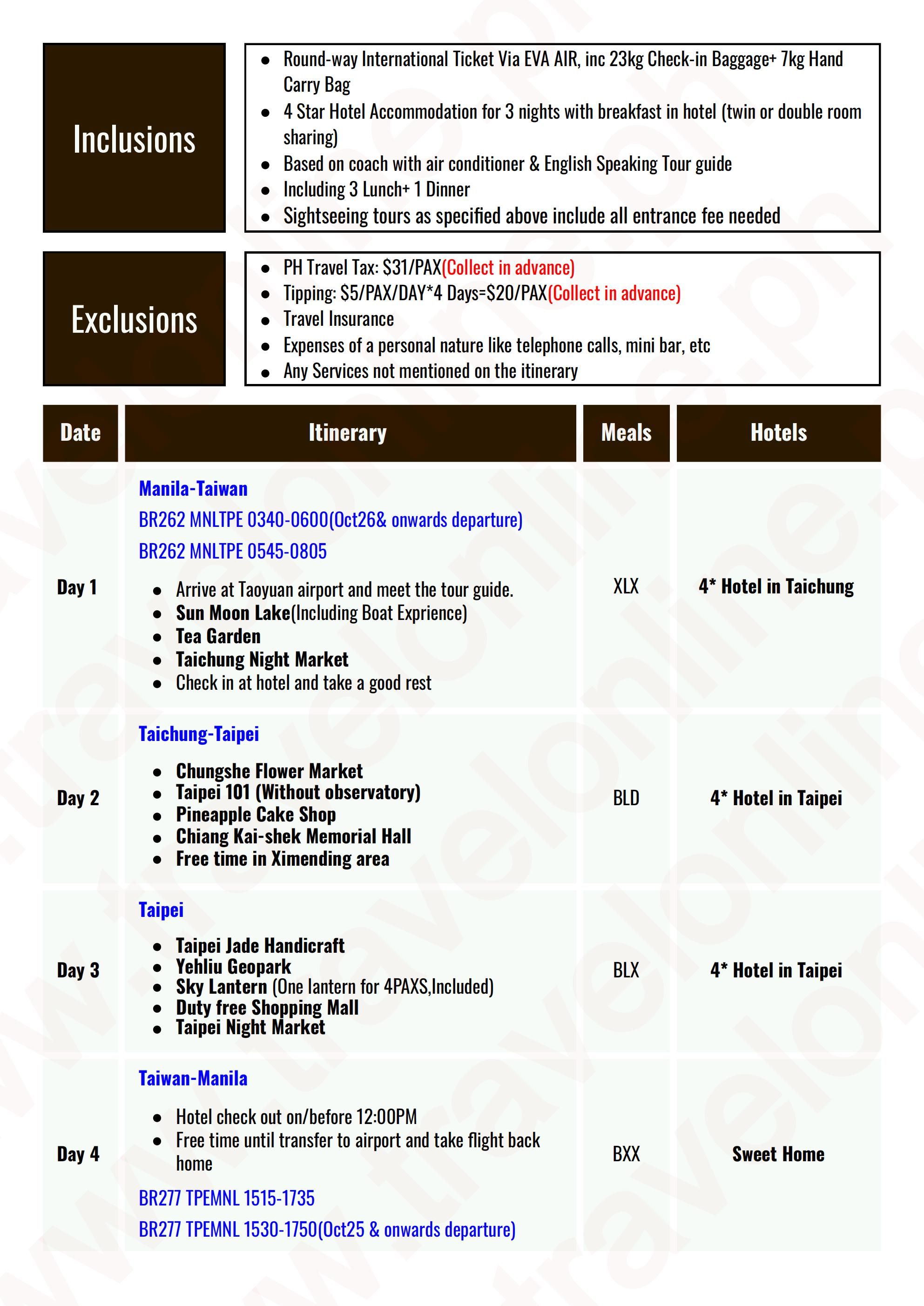 TAIWAN 4 DAYS 3 NIGHTS ALL IN JOINER GROUP TOUR PACKAGE FROM MANILA PHILIPPINES - AS LOW AS: $569/PAX - TRAVELONLINE itinerary