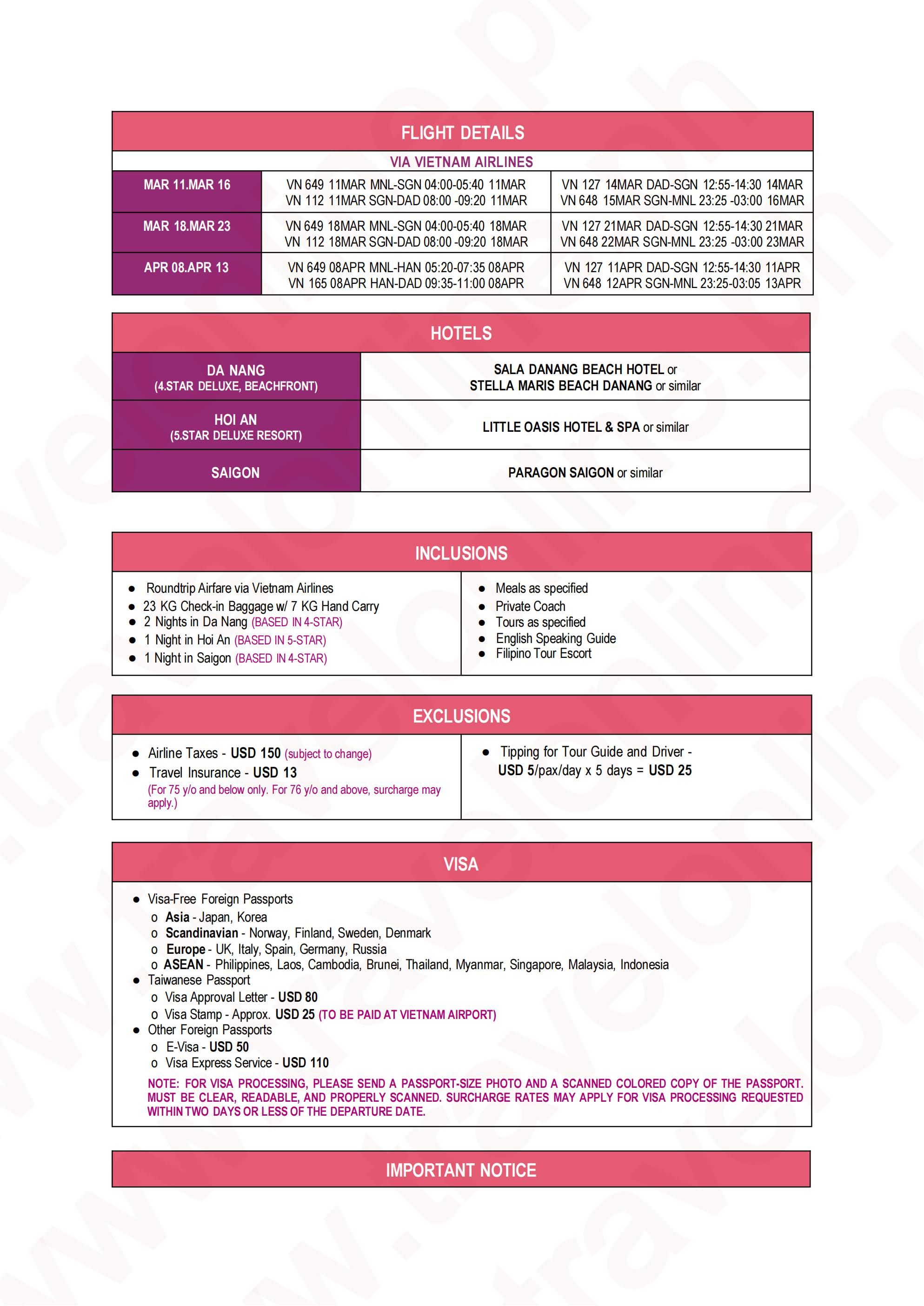 VIETNAM ROSE 2.0 DA NANG HOI AN SAIGON 6 DAYS 5 NIGHTS JOINER GROUP TOUR FROM MANILA PHILIPPINES AS LOW AS: $788/PAX - TRAVELONLINE itinerary