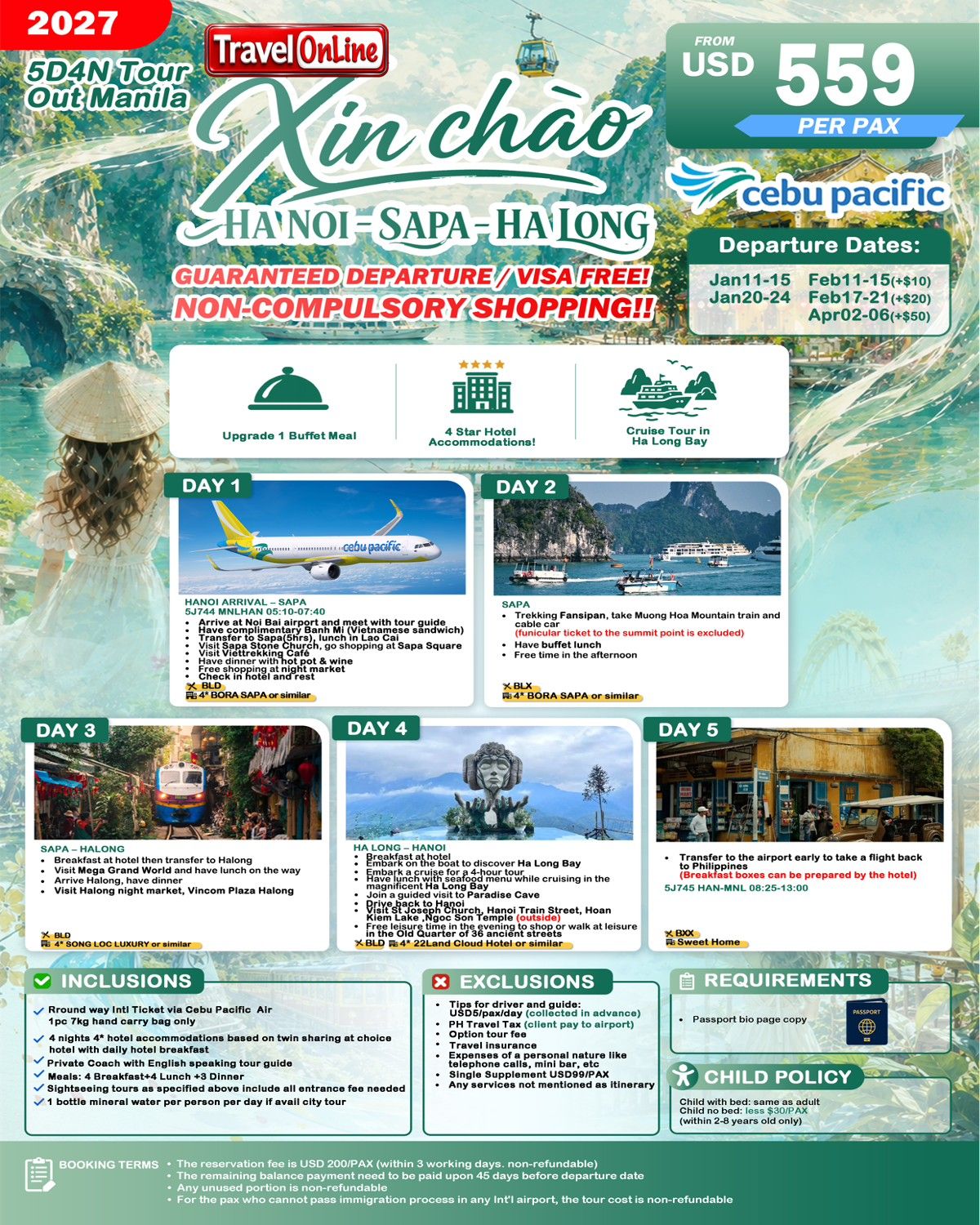 VIETNAM HANOI SAPA HA LONG 5 DAYS 4 NIGHTS ALL IN JOINER GROUP TOUR PACKAGE FROM MANILA PHILIPPINES - AS LOW AS: $559/PAX - TRAVELONLINE promo image