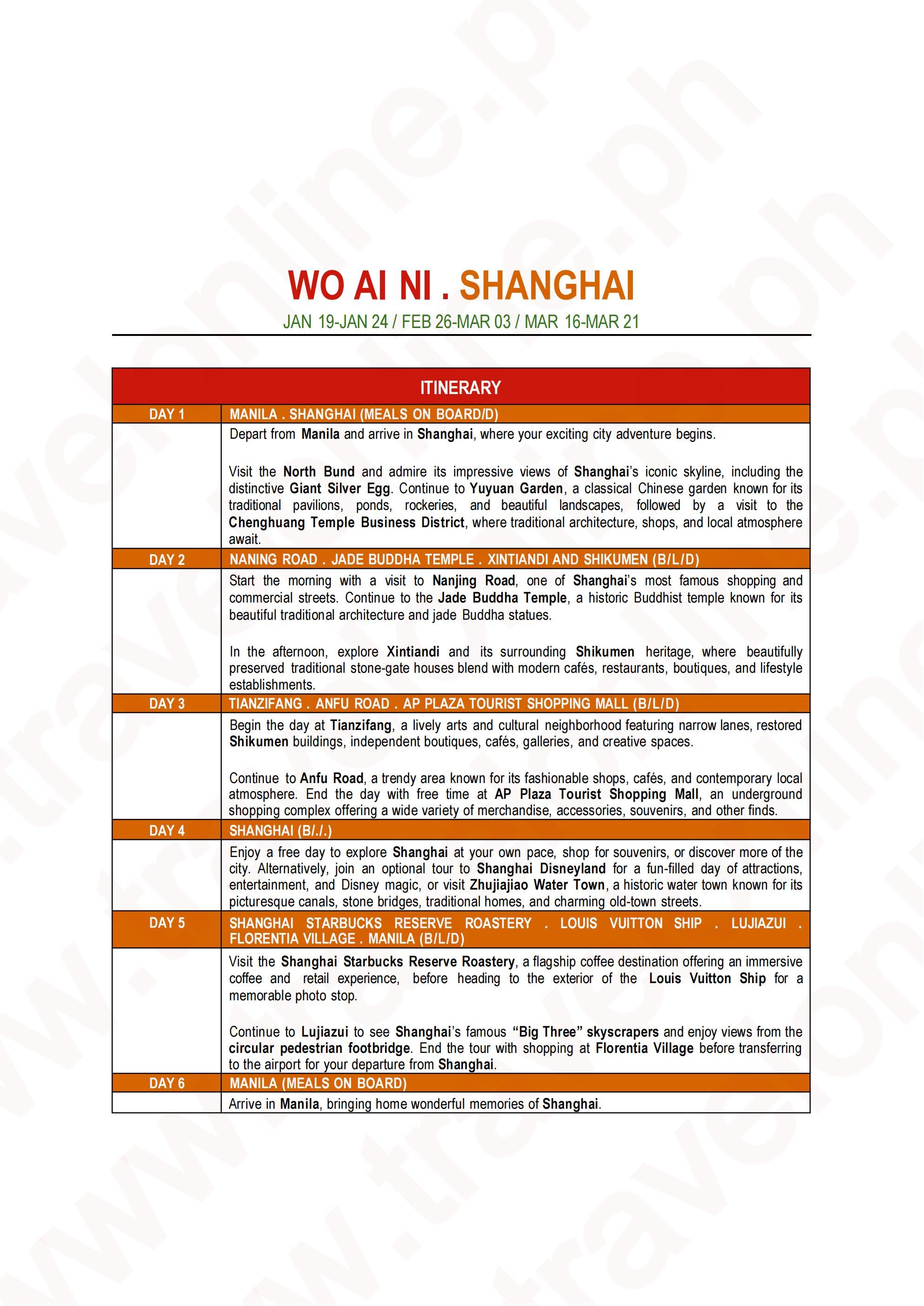 SHANGHAI CHINA 6 DAYS 4 NIGHTS ALL IN JOINER GROUP TOUR PACKAGE FROM MANILA PHILIPPINES - AS LOW AS: $888/PAX - TRAVELONLINE itinerary