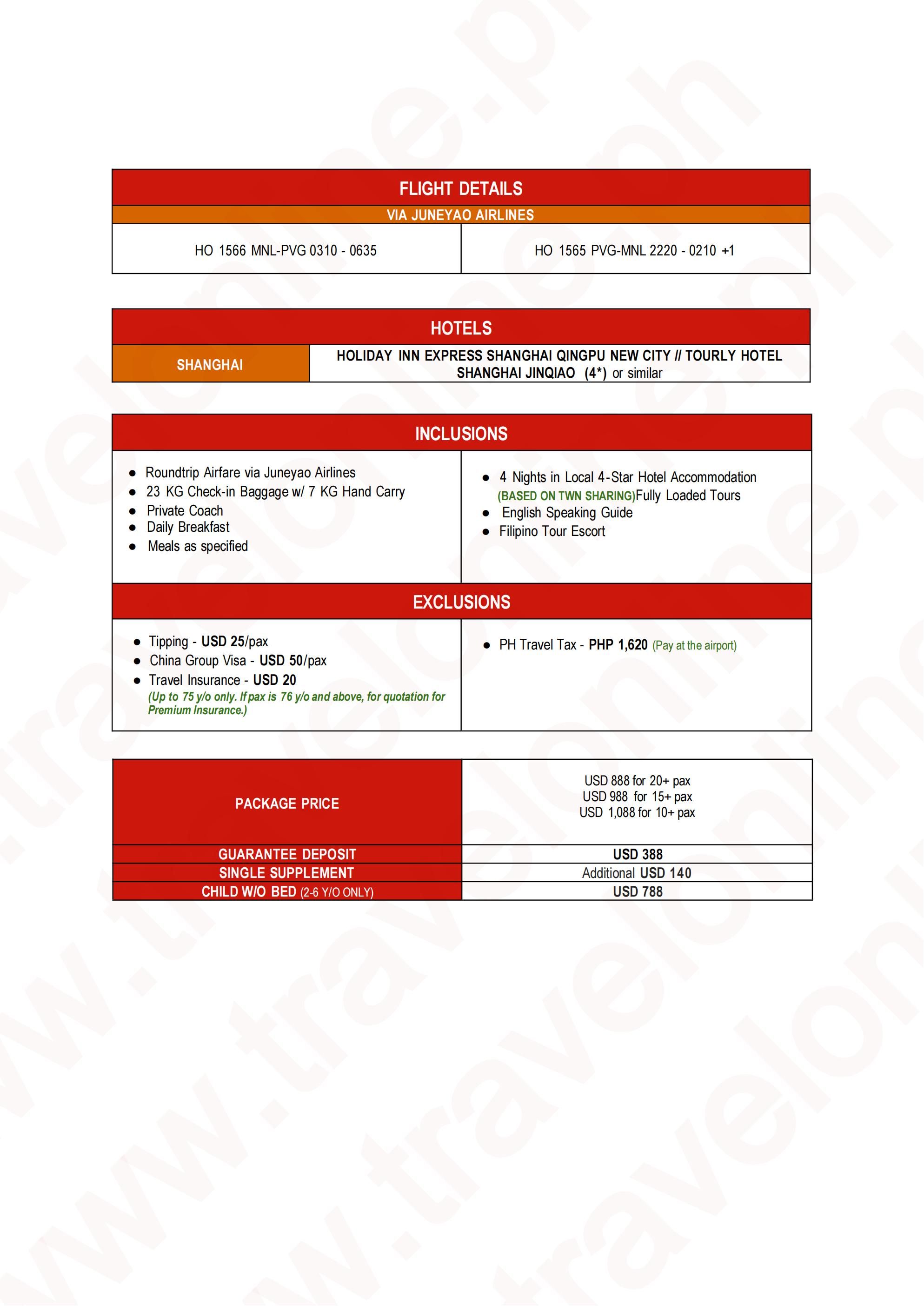 SHANGHAI CHINA 6 DAYS 4 NIGHTS ALL IN JOINER GROUP TOUR PACKAGE FROM MANILA PHILIPPINES - AS LOW AS: $888/PAX - TRAVELONLINE itinerary