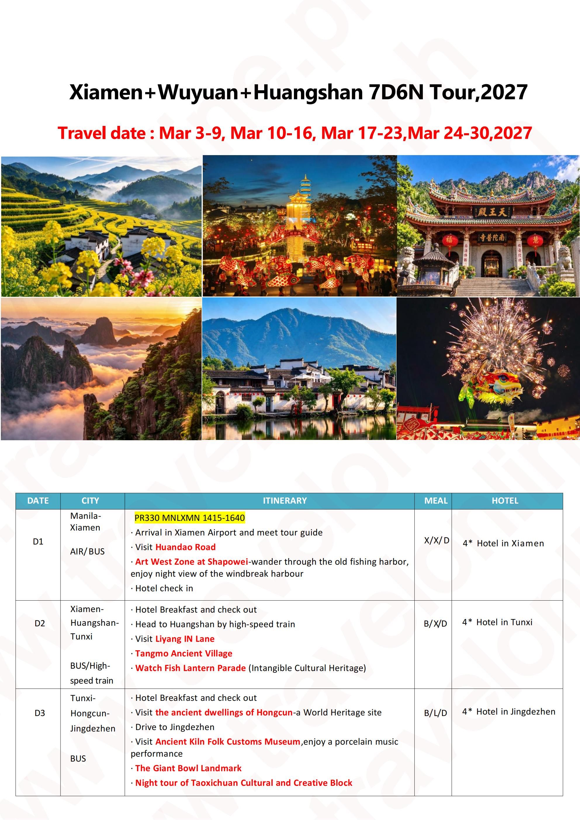 CHINA XIAMEN WUYUAN HUANGSHAN 7 DAYS 6 NIGHTS ALL IN JOINER GROUP TOUR PACKAGE FROM MANILA PHILIPPINES - AS LOW AS: $949/PAX - TRAVELONLINE itinerary