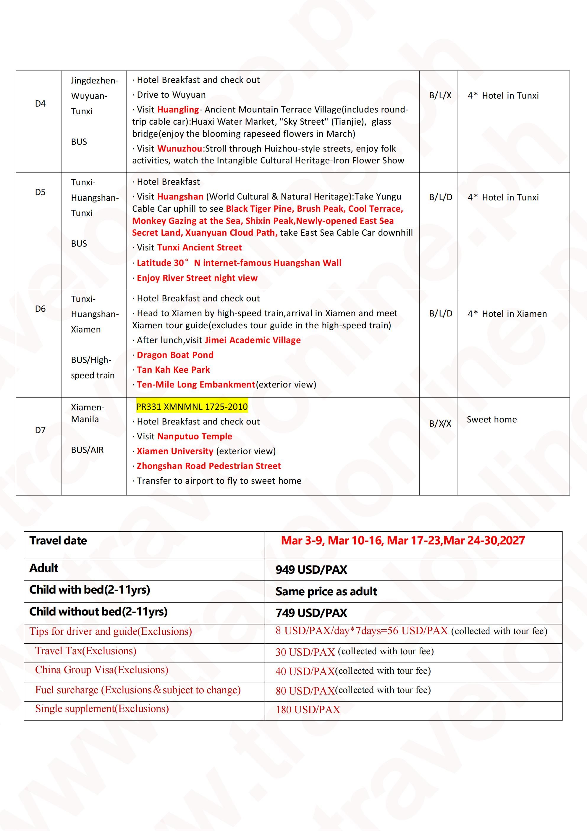 CHINA XIAMEN WUYUAN HUANGSHAN 7 DAYS 6 NIGHTS ALL IN JOINER GROUP TOUR PACKAGE FROM MANILA PHILIPPINES - AS LOW AS: $949/PAX - TRAVELONLINE itinerary